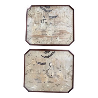 19th C. Framed Chinese Qing Dynasty Silk Monochromatic Embroidery Panels - A Pair For Sale