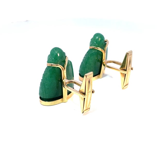 Modern 14k Yellow Gold Green Jade Buddha Cabochon Cufflinks For Sale - Image 3 of 5