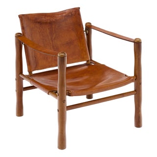 Mid-Century Modern Wood and Cognac Leather Safari Armchair For Sale