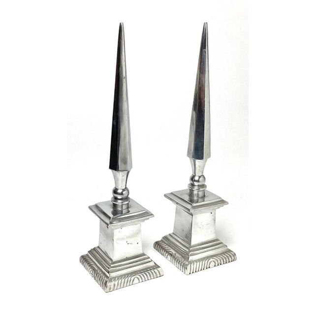 Mid-Century Modern Neoclassical Polished Aluminum Obelisks - A Pair For Sale - Image 3 of 7