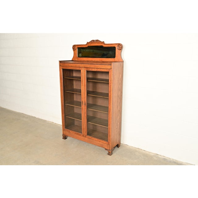 Stickley Antique Victorian Carved Oak Two-Door Bookcase, Circa 1890s For Sale - Image 4 of 15