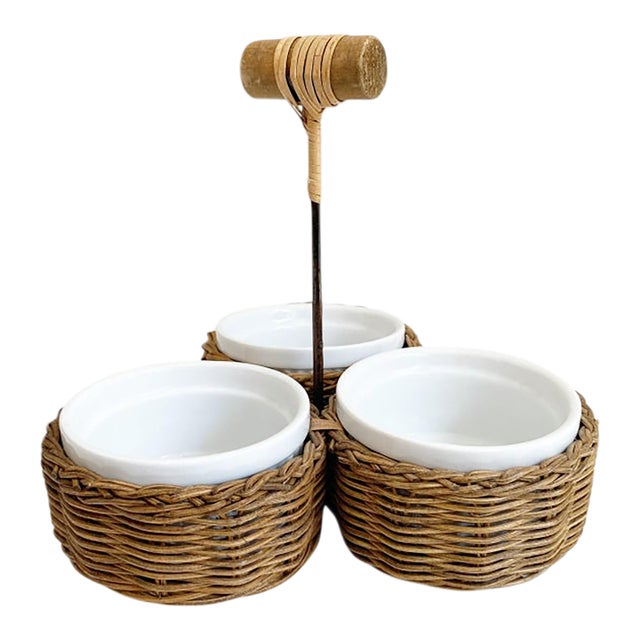 Woven Wicker Three Basket Condiment Sauce Basket 3 White Pier 1 Dipping Bowls For Sale