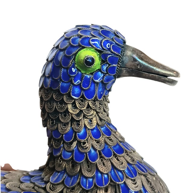 Vintage Filigree Enamel Duck Bird Figurine Sterling Silver Beak and Feet Blue & Gold With Green Eyes For Sale - Image 9 of 16