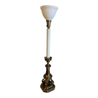 1950s Stiffel Model #5299 Scroll Base Tall Floor or Console Lamp Milk Glass Shade For Sale