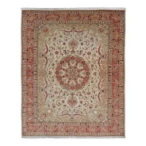 Vintage Persian Fine Tabriz Rug With Floral Medallion Design in Wool and Silk 9'10 X 13'0