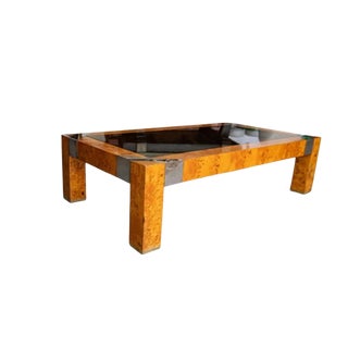 1970s Burl & Smoke Glass Coffee Table With Chrome Trim in the Style of Milo Baughman For Sale