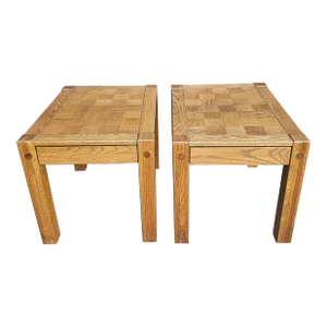 Conant Ball Mid-Century Oak Parquet Checquered Side Tables, Pair