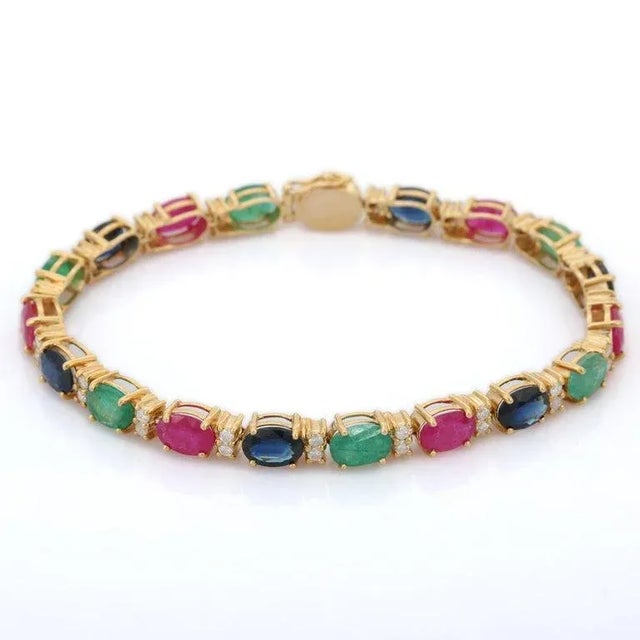Not Yet Made - Made To Order 15.01 Ct Emerald, Ruby and Blue Sapphire Tennis Bracelet in 14k Yellow Gold For Sale - Image 5 of 13