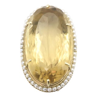 Large Citrine and Seed Pearl Brooch Pendant For Sale