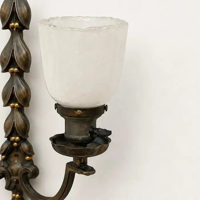 1930s Art Nouveau Two Arms Bronze W Frosted Milk Glass Shades Wall Sconce, a Set of 3 For Sale - Image 12 of 13