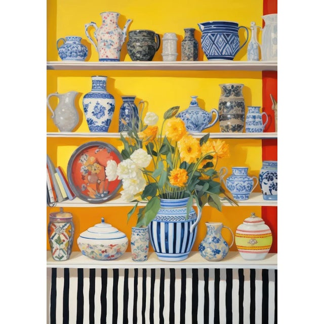 Presenting a 9x12 inch art print titled "Bright Ceramics and Florals on Yellow Shelf," this piece captures the vivid and...