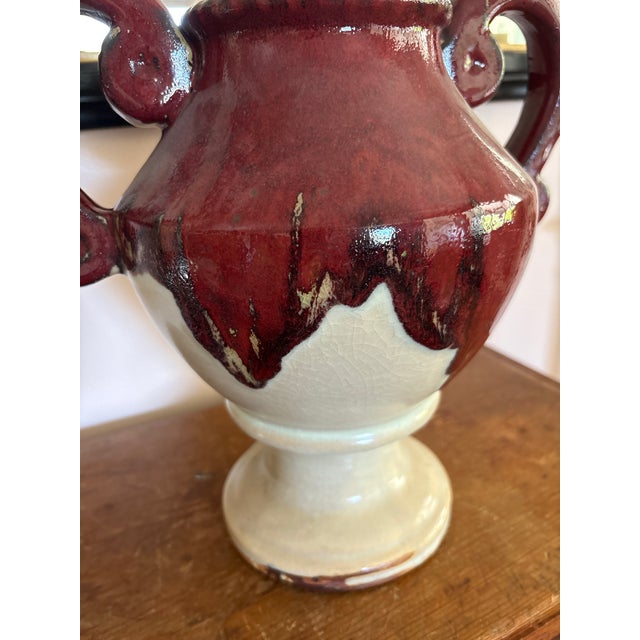 Vintage Red & Cream Studio Pottery Double Handled Vessel For Sale - Image 4 of 11