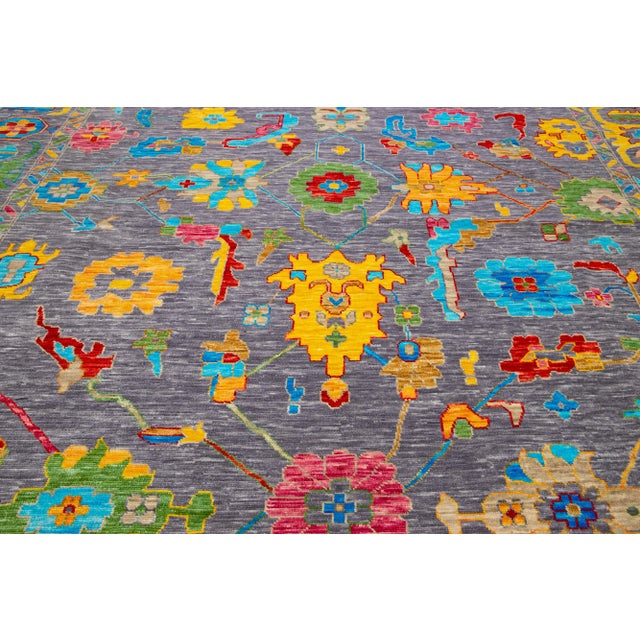 Textile Modern Oushak Style Gray Wool Rug Features Allover Floral Pattern For Sale - Image 7 of 8