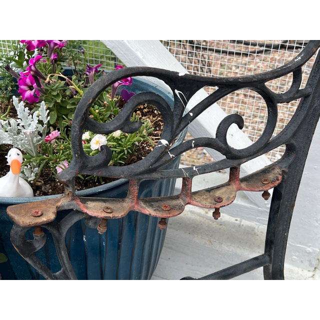 Black Antique Cast Iron Park Bench Ends With Scrollwork 27.25" Small Garden Bench Side Legs Set of 2 Worn For Sale - Image 8 of 13