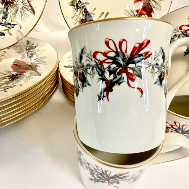 1990s Vintage Americana Arts & Crafts Boho Chic Christmas Lenox Winter Greetings Dinnerware - Set of 24, Service for 8 For Sale - Image 11 of 15