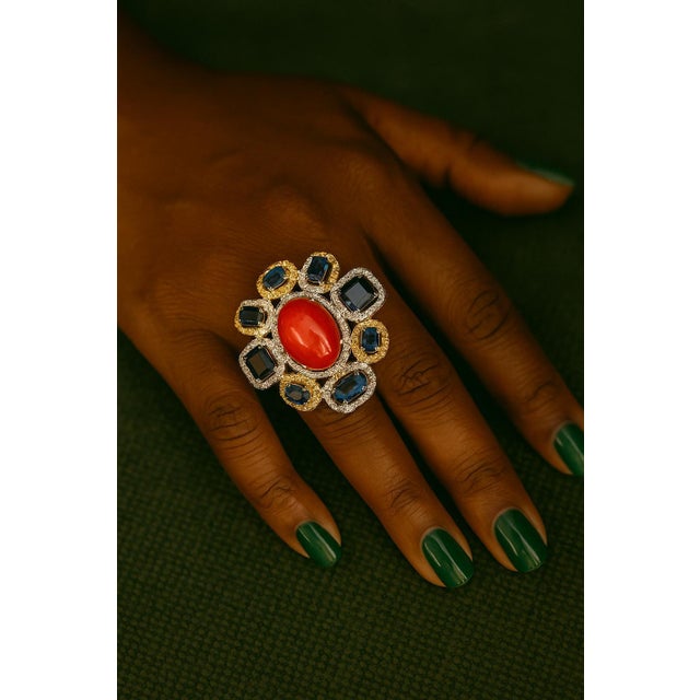 Bochic "Orient" Vintage Diamond, Blue Sapphire & Orange Opal Ring Set In 18K Gold & Silver Natural Center Orange Opal...
