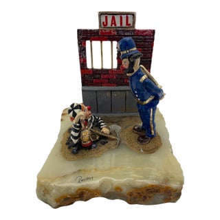 Vintage Ron Lee “Great Escape” Jail Scene Clown Sculpture on Onyx Base, Signed 1987 For Sale