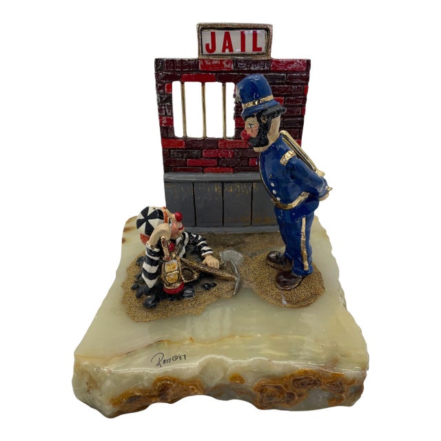 Vintage Ron Lee “Great Escape” Jail Scene Clown Sculpture on Onyx Base, Signed 1987 For Sale