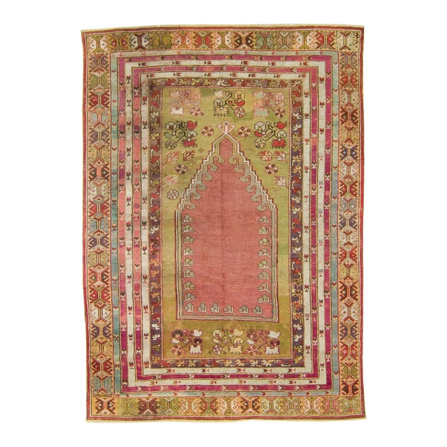 House of Séance - 1880s Antique Anatolian Wool Pile Temple Prayer Small Accent Hand-Knotted Rug - 3′11″ × 5′7″ For Sale