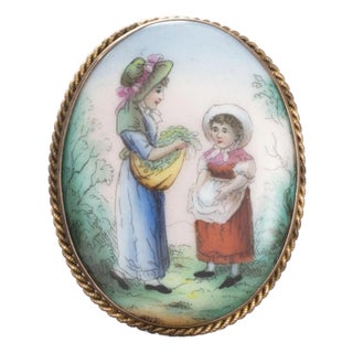 Antique 9k Gold Hand-Painted Porcelain Brooch For Sale