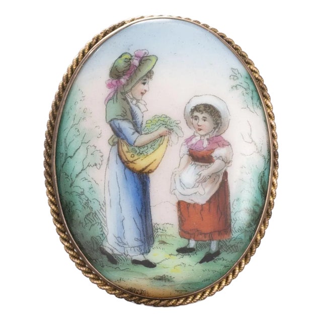 Antique 9k Gold Hand-Painted Porcelain Brooch For Sale