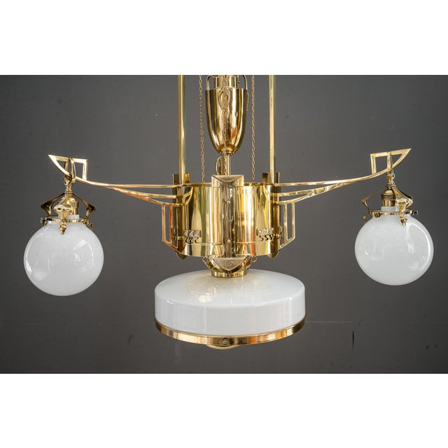 1920s Art Deco Adjustable Chandelier with Opal Glass Shades, Vienna, 1920s For Sale - Image 5 of 18