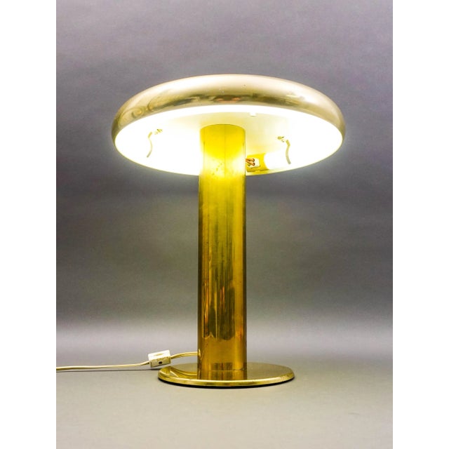 Pierre Cardin Style Vintage Modernist Brass Table Desk Lamp. Measures Approximately 12 1/2" Diameter, 15 1/4" High.