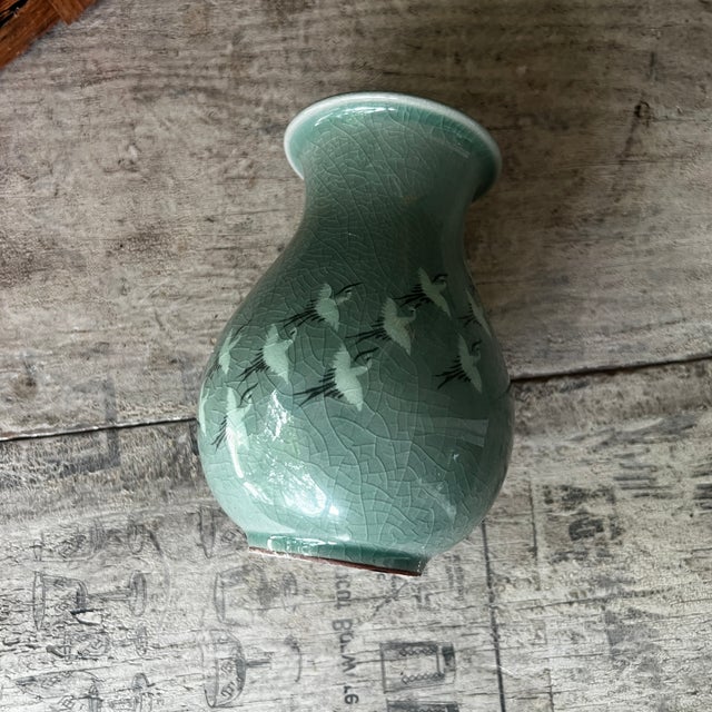 1970s Korean Celadon Vase With Crane Motif For Sale - Image 9 of 9