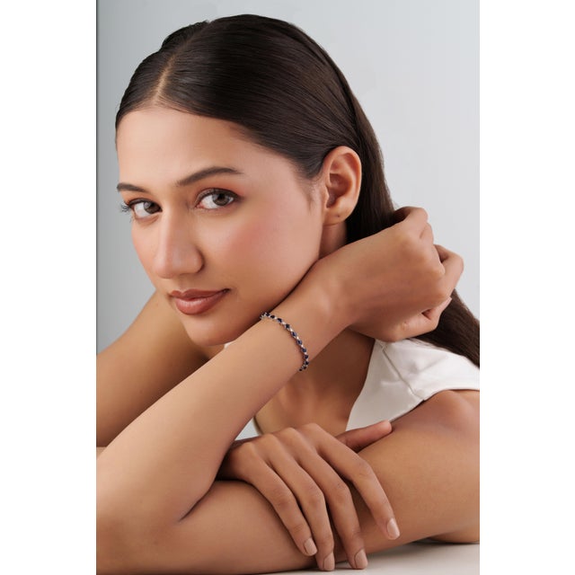 Art Deco 6.13ct Blue Sapphire Diamond Mexican Tennis Bracelet in 14k Gold For Sale - Image 10 of 18
