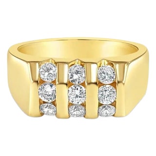 Curved Nine Stone Mens Diamond Ring 1.00cttw 14k Yellow Gold, Size 4 For Sale