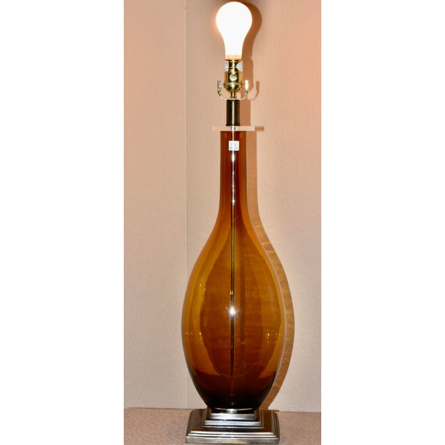 Design Guild Modern Lucite Deep Amber Art Glass Lamp Made in Poland, 1960's Exquisite contemporary art glass bulbous lamp,...