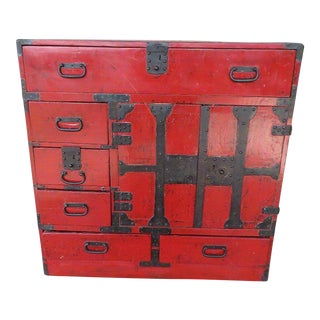 Antique Meiji Period Negoro Red Lacquer Tansu Chest With Hand Wrought Iron Hardware For Sale