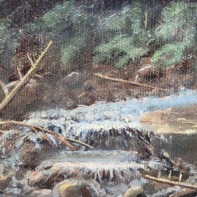 An antique Hudson River School oil on canvas landscape painting, depicting an Adirondack High Peak and a flowing stream....