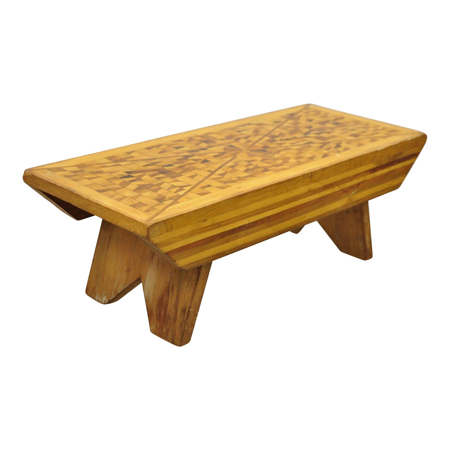 Mid 20th Century Vintage Folk Art Marquetry Inlay Footstool Ottoman ...