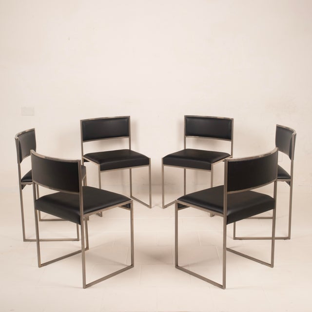 Hollywood Regency Italian SQ Dining Chairs in Brushed Steel and Black Vegan-Leather, 1970s, Set of 6 For Sale - Image 3 of 18