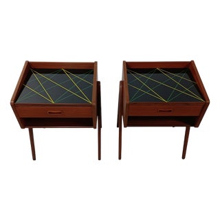 Fully Restored Teak Nightstands with Decorated Glass Tabletops, 1960s, Set of 2 For Sale