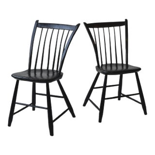 Antique Black-Painted Pine Windsor Side Chairs, a Pair, Circa Mid-19th Century For Sale