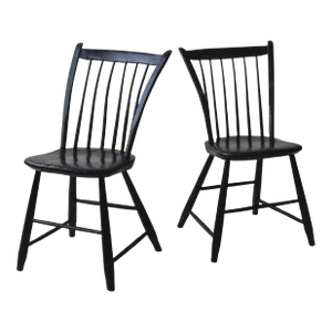 Antique Black-Painted Pine Windsor Side Chairs, a Pair, Circa Mid-19th Century