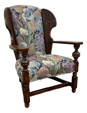 Antique Carved Wingback Floral Upholstered Throne Style Chair