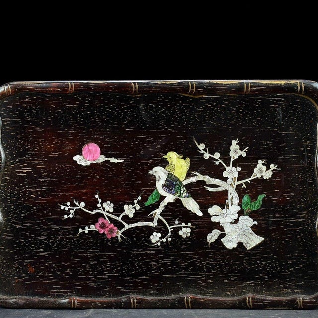 Late 20th Century Vintage Zitan Wood Tray With Mother-of-Pearl "Magpie on Plum" Inlay For Sale - Image 5 of 9