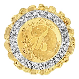 Panda Coin Ring with Diamond Halo 10k Yellow Gold, Size 8 For Sale