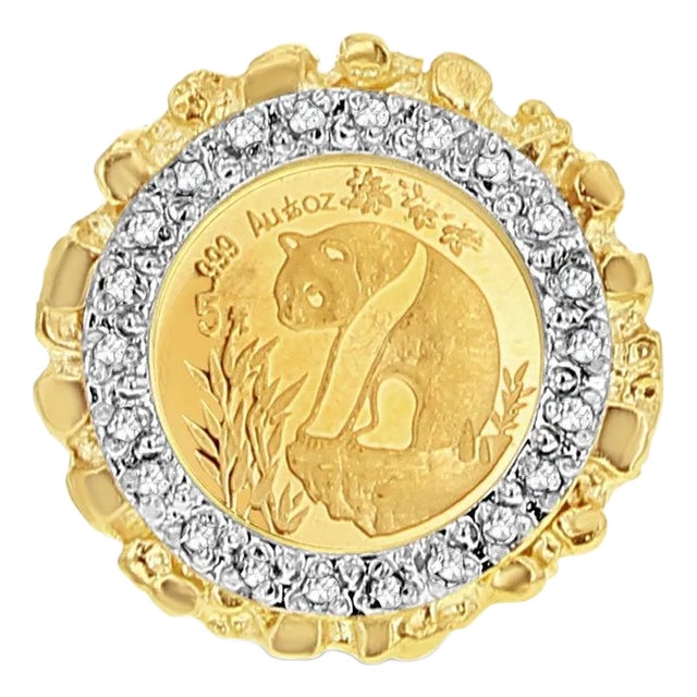Panda Coin Ring with Diamond Halo 10k Yellow Gold, Size 8 For Sale