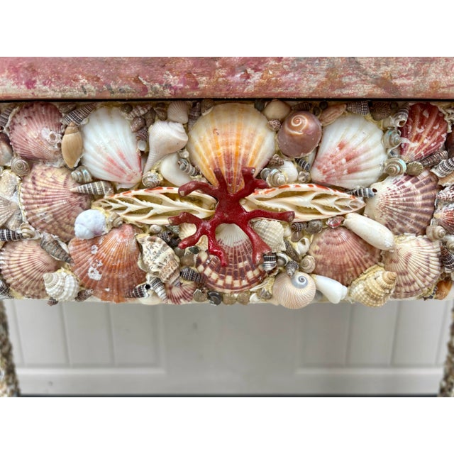 Seashell Encrusted Vintage Console Table With Faux Marble Hand Painted Top For Sale - Image 9 of 12