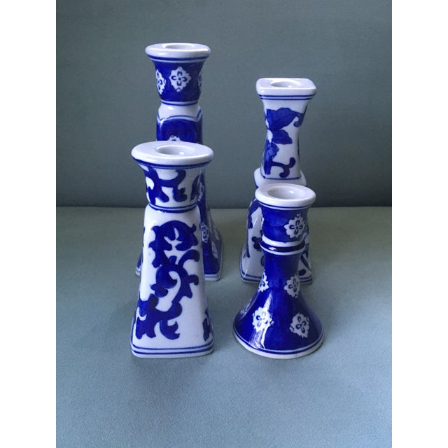 Vintage Blue & White Patterned Candlesticks- Set of 4 For Sale - Image 10 of 11