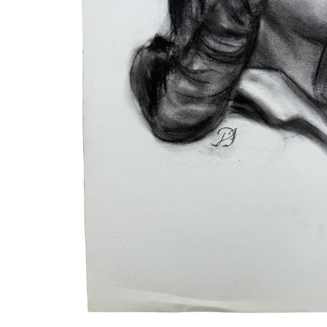 Mid-Century Modern Vintage Charcoal Portrait Drawing of a Woman With Headband and Swept Curls For Sale - Image 3 of 11