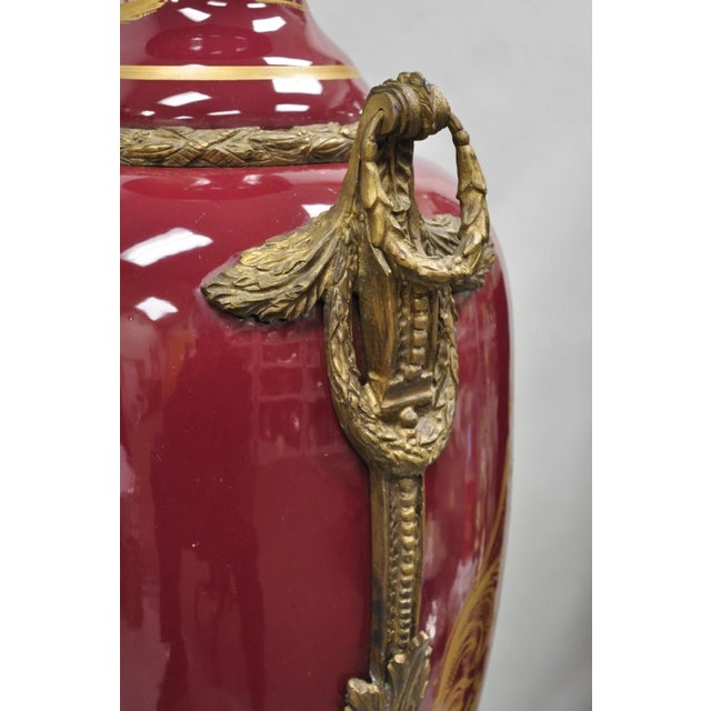 Vintage Palace Size French Sevres Style Red Porcelain Revolving Covered Urn Pair For Sale - Image 18 of 18