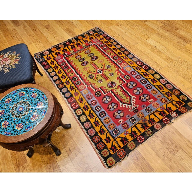 Vintage Turkish Kilim Rug, Flat-Woven Prayer Pattern, Yellow & Green, 4x6 For Sale - Image 4 of 16