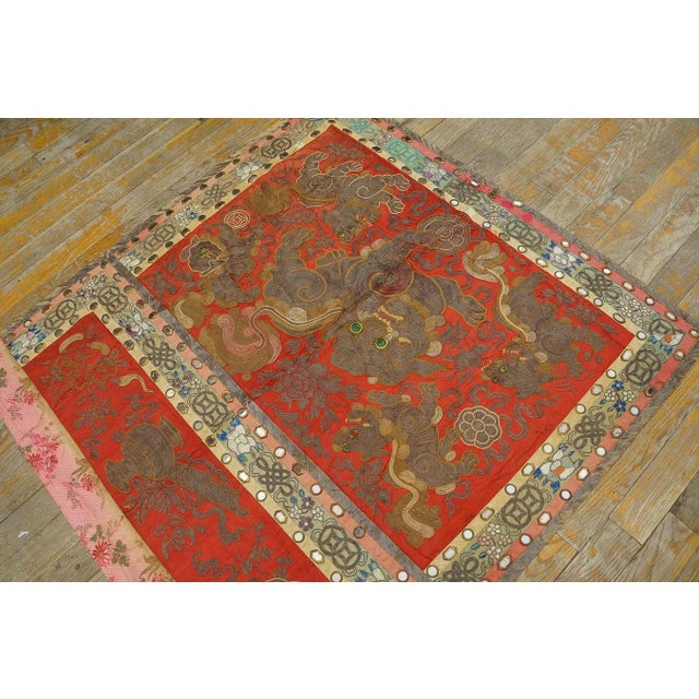 1920s Red Foo Dog Antique Chinese Silk Textiles Embroidery 3' X 3' Rug For Sale In New York - Image 6 of 14