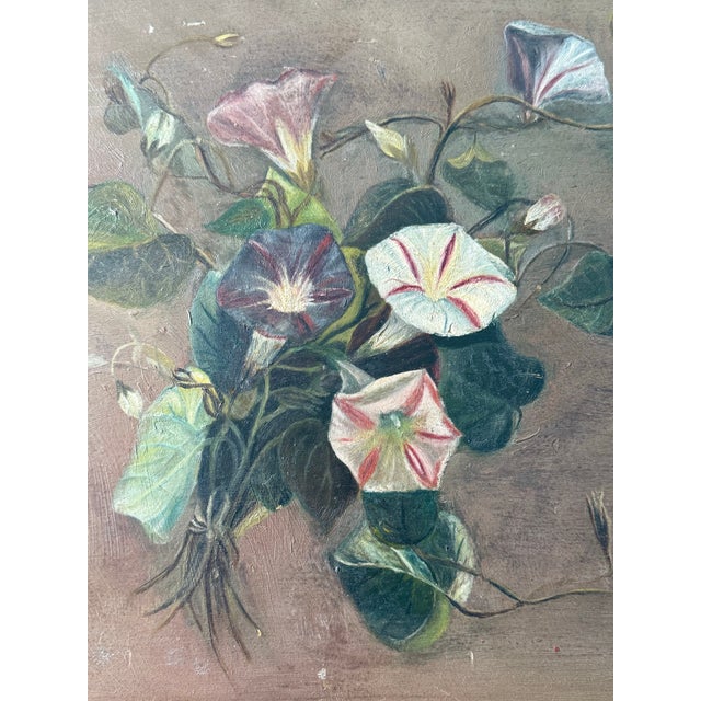 Gray Victorian Morning Glory Still Life Oil Painting Signed C.W.S. (1895) For Sale - Image 8 of 10