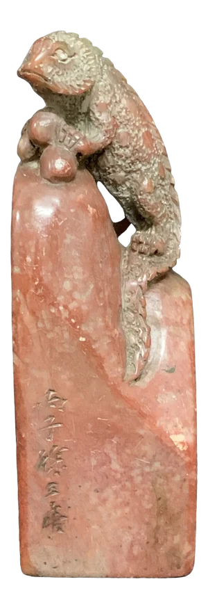 Chinese Art Carved Red Soapstone Seal Stamp With Lizard Sculpture